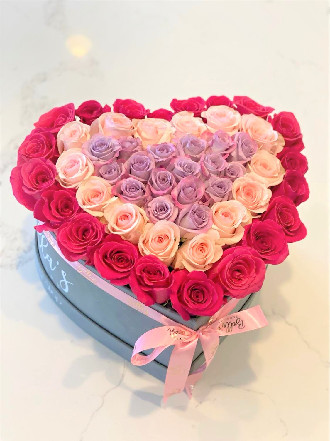 50 Fresh Roses in Heart Shape Hat Box